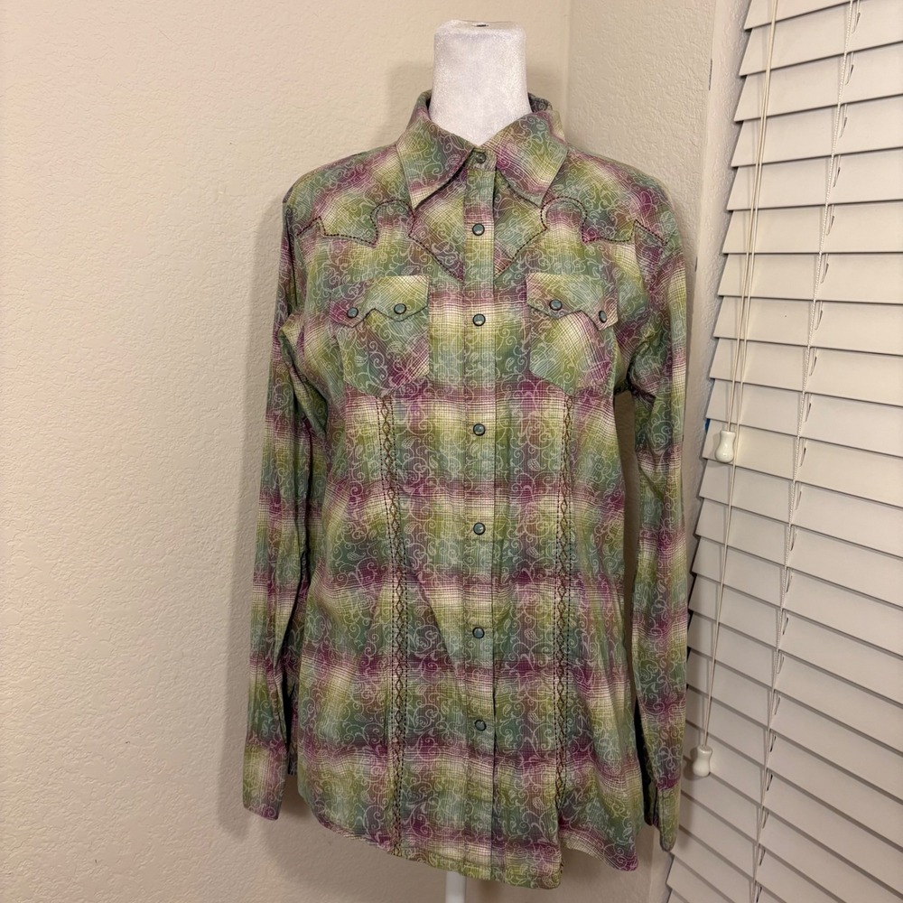 Wrangler green purple plaid rhinestone western pearl snap button up size M
